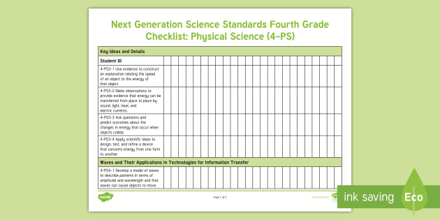 Next Generation Science Standards Fourth Grade Student Checklist