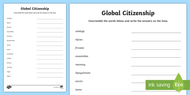 Global Citizenship Keywords Word Unscramble Teacher Made