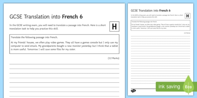 Gcse French Translation Into French 6 Higher Tier Worksheet