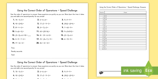 Order of Operations Worksheet - Speed Activity - Twinkl