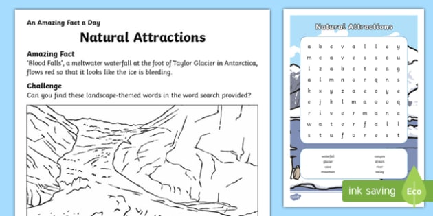 Natural Attractions Wordsearch Worksheet / Activity Sheet