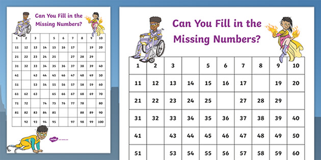 Superhero Themed Missing Numbers 100 Square Worksheet Worksheet