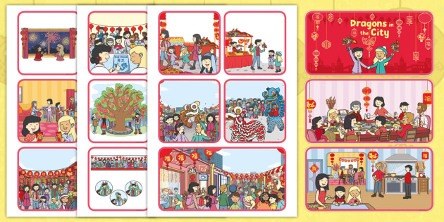 Dragons in the City Story Sequencing Cards - originals, Chinese