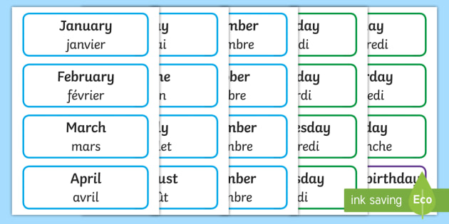 Days Of The Week Months Of The Year Labels English French