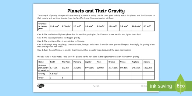 KS2 Planets and Their Gravity Worksheet (teacher made)