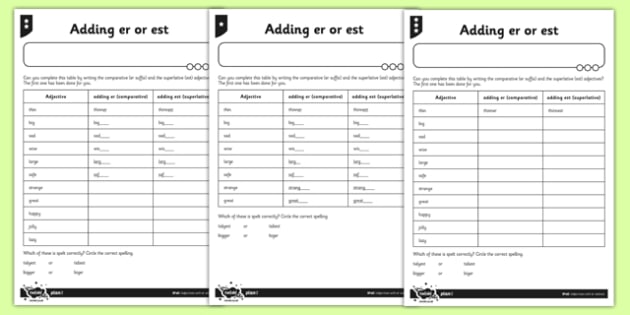 Adding Er And Est Differentiated Worksheet Worksheet Pack