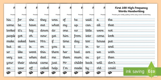 free first 100 high frequency cursive writing practice sheets