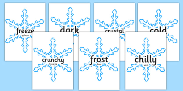 Winter Topic Words on Snowflakes English/German