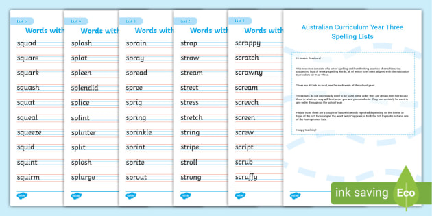 Australian Curriculum Year 3 Spelling and Handwriting Sheets