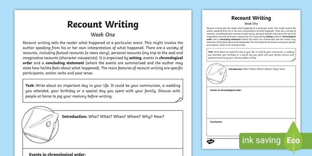 recount writing week one homework worksheet