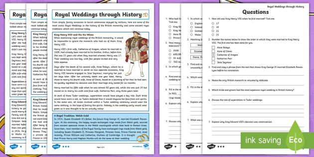 UKS2 Royal Weddings through History Differentiated Reading Comprehension