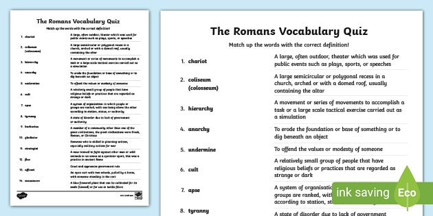 Ancient Rome Vocabulary And Definition Matching Worksheet Romans