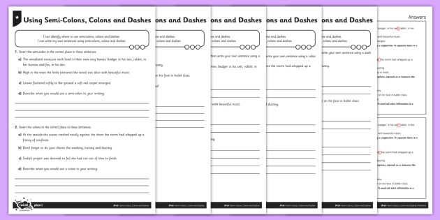 Using Semi-Colons, Colons and Dashes Differentiated Worksheet / Worksheet