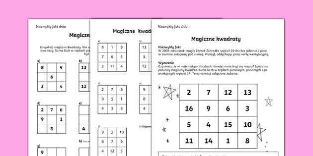 Uzupełnij Magiczne Kwadraty Klasa 2 Karta Magiczne kwadraty po polsku, worksheet (teacher made)