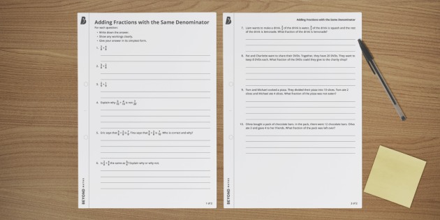 Adding Fractions with the Same Denominator Worksheet / Worksheet - Add