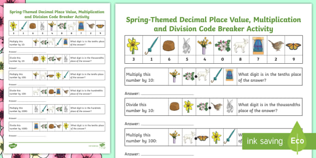 Spring Themed Decimal Place Value, Multiplication And Division Code Breaker