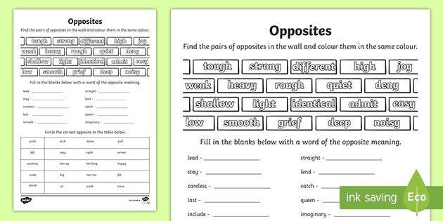 3rd and 4th class matching opposites worksheet