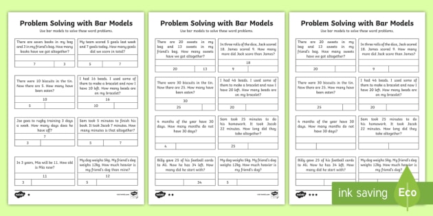 Year 2 Maths Problem Solving With Bar Models Homework Differentiated