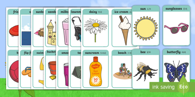 Summer Words Flashcards English Mandarin Chinese