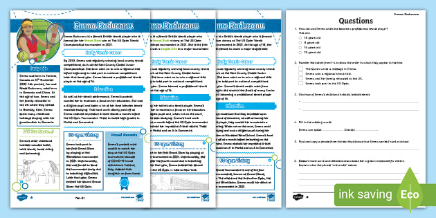 UKS2 Emma Raducanu Reading Comprehension Activity