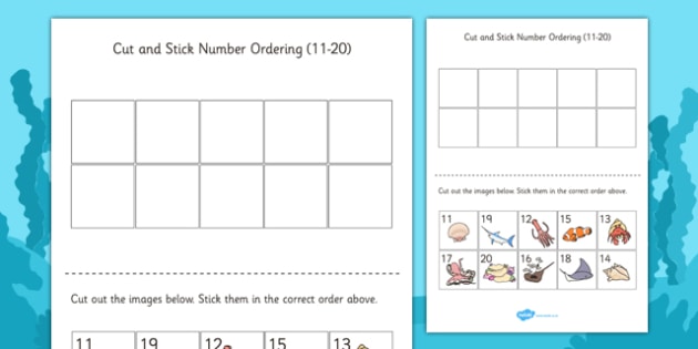 under the sea themed cut and stick number ordering sheets 11 20