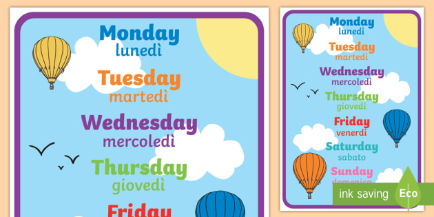 Days of the Week A4 Display Poster English/Italian
