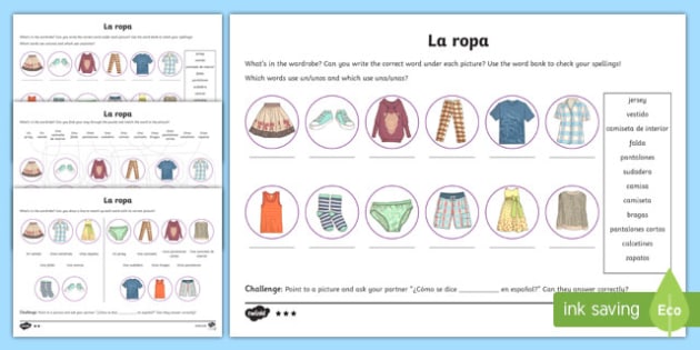 Clothes Worksheet Spanish Clothing words Activity