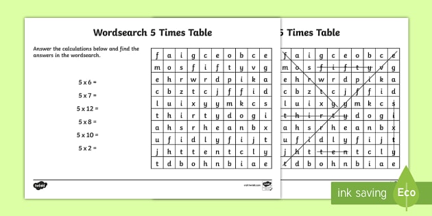 multiplication 5 times tables wordsearch worksheet