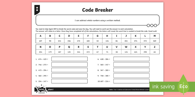 Code Breaker - Differentiated Subtraction Worksheets
