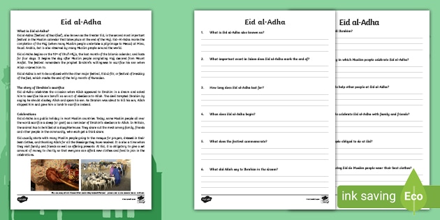 Eid-Al-Adha Reading Comprehension Activity (teacher Made)