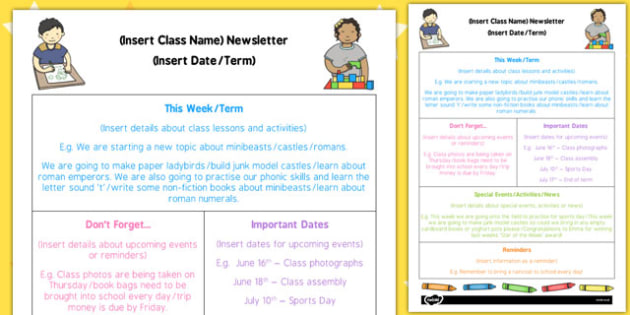 Kindergarten Editable Newsletter Template Teacher Made
