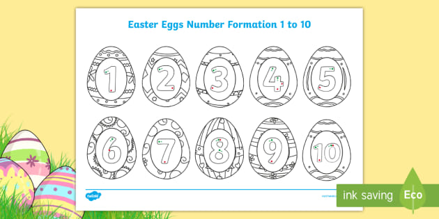 easter eggs number formation 1 to 10 colouring page