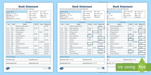 Bank Statement Worksheets Bank Account Lesson Plan