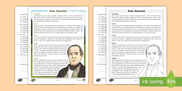 fourth grade sam houston reading comprehension activity