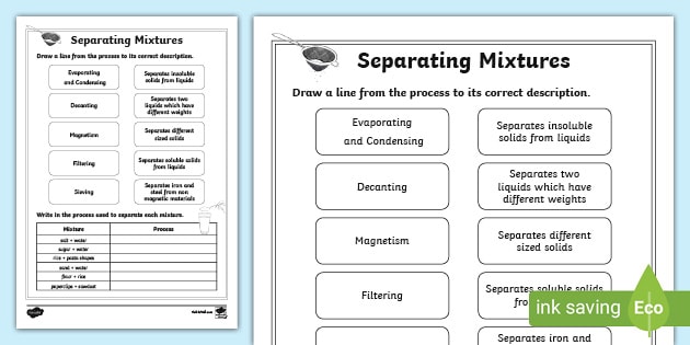 free separating mixtures worksheet science year 5 and 6