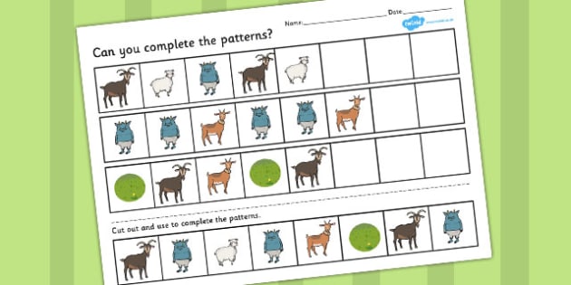 FREE! - The Three Billy Goats Gruff Complete The Pattern Worksheets