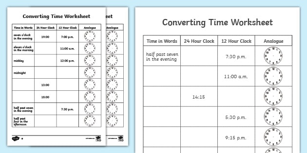 converting 12 hour to 24 hour time on an analog clock activity