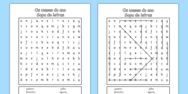 Os meses do ano Sopa de letras Portuguese (teacher made) Sopa de letras los meses del año (teacher made)