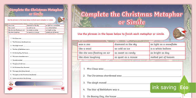 Worksheet　Complete　Simile　or　Metaphor　Christmas　the　Twinkl
