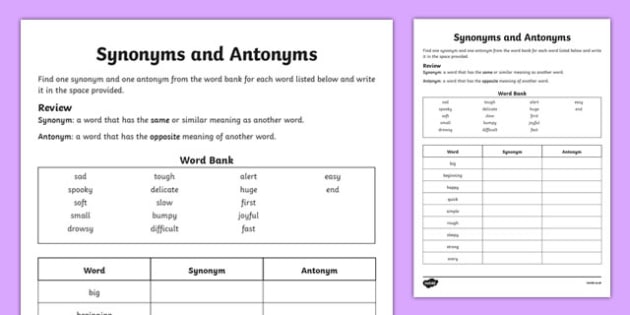 Synonym And Antonym Worksheet English Primary Resources