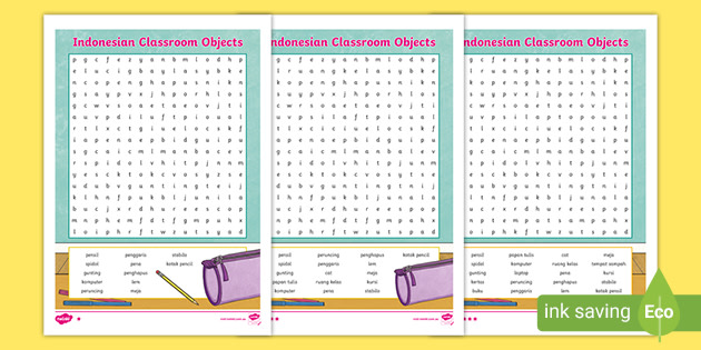 Classroom Objects Word Search Indonesian (teacher made)