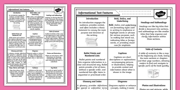 Informational Text Features Chart for 3rd-5th Grade - Twinkl