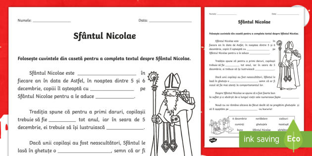 Sfantul Nicolae Fișă Completează Textul Teacher Made