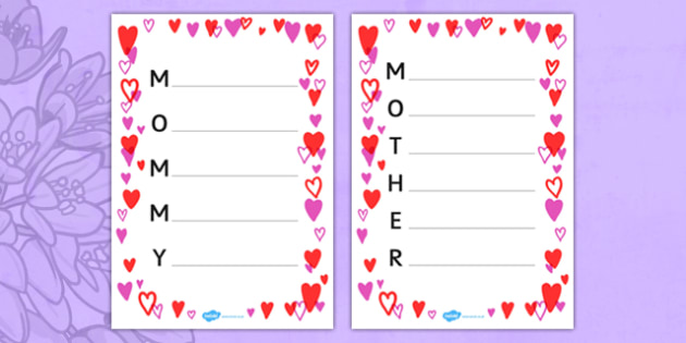 Mother's Day Acrostic Poem Sheets Hearts - usa, america