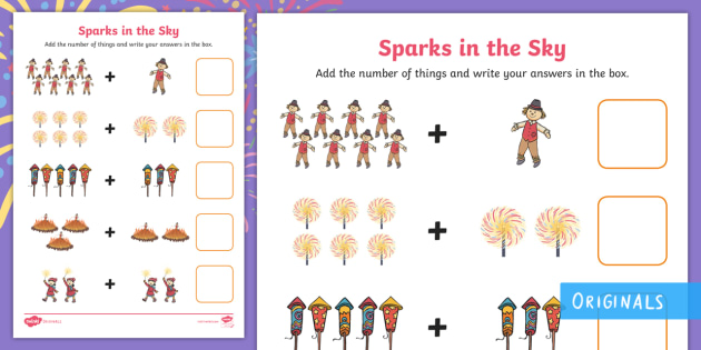 Sparks in the Sky Up to 10 Addition Sheet - bonfire night