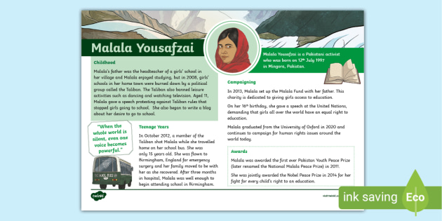 Malala Yousafzai Fact File (Teacher-Made) - Twinkl