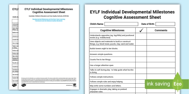 EYLF Individual Developmental Milestones Cognitive Assessment Sheet