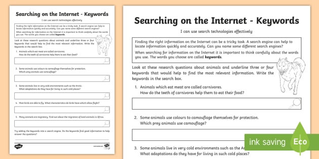 Searching the Internet: Animal Keywords Worksheet / Worksheet