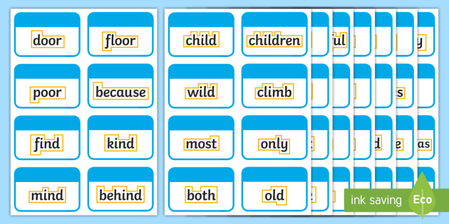 Year 2 Common Exception Words With Outline Flashcards