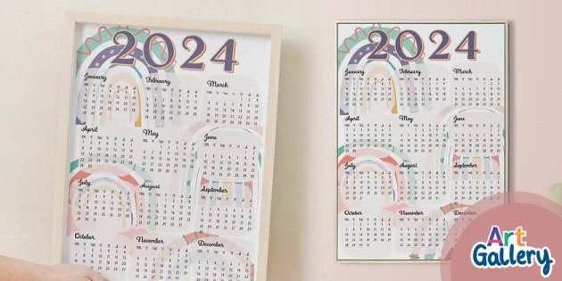 Muted Rainbow-Themed 2024 Wall Calendar Poster - Twinkl